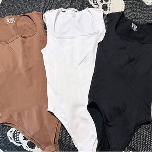 SOLD OQQ Ribbed Bodysuit Trio - Brown, White, Black